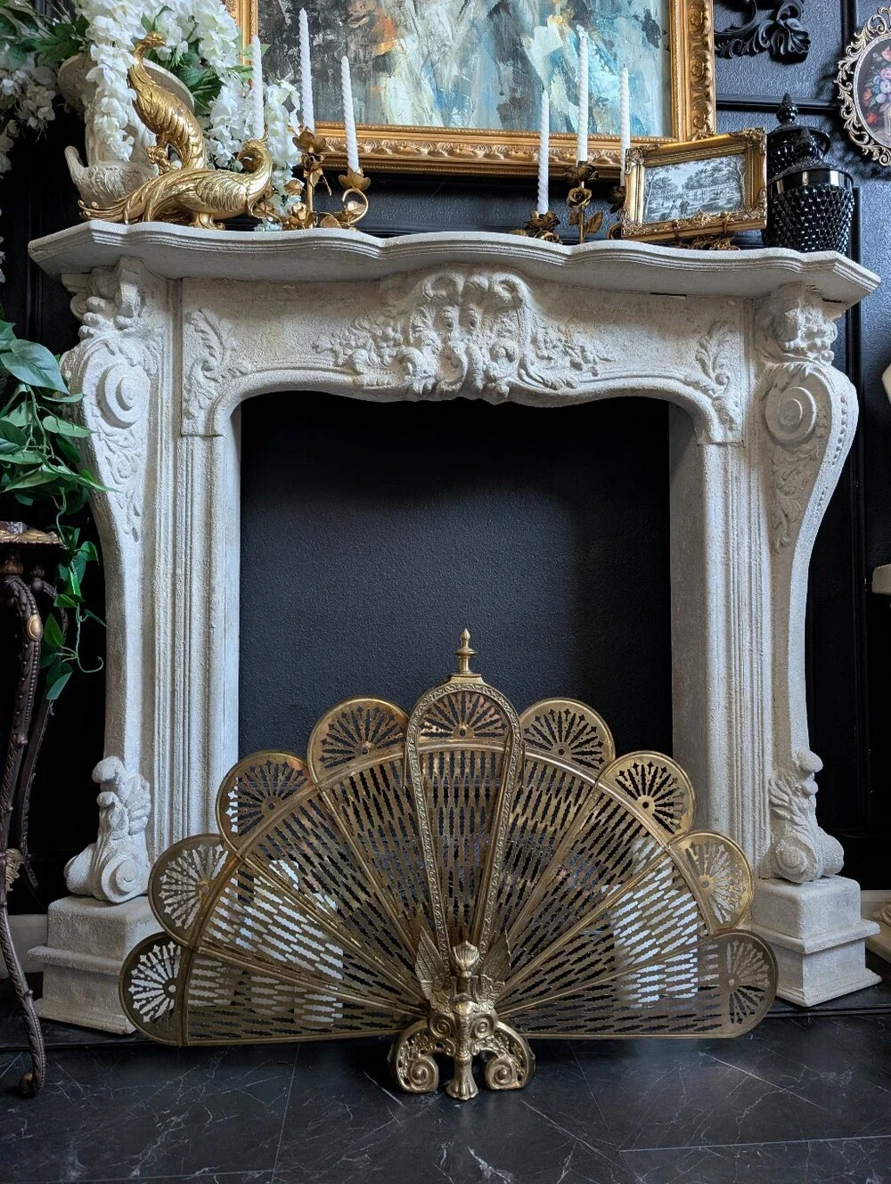 Vintage Solid Brass Griffon Peacock fireplace screener Art Deco Statement Decor